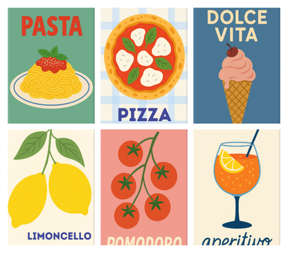 Coffret de 6 peintures par numéro Affiches de la Dolce Vita, les mini-toiles à plat, Maison Artsen
