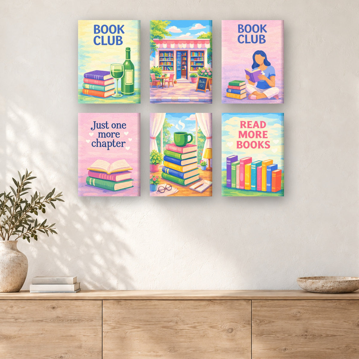 Coffret de 6 peintures par numéro Club de Lecture Pastel, mini-toiles présentées au mur, Maison Artsen