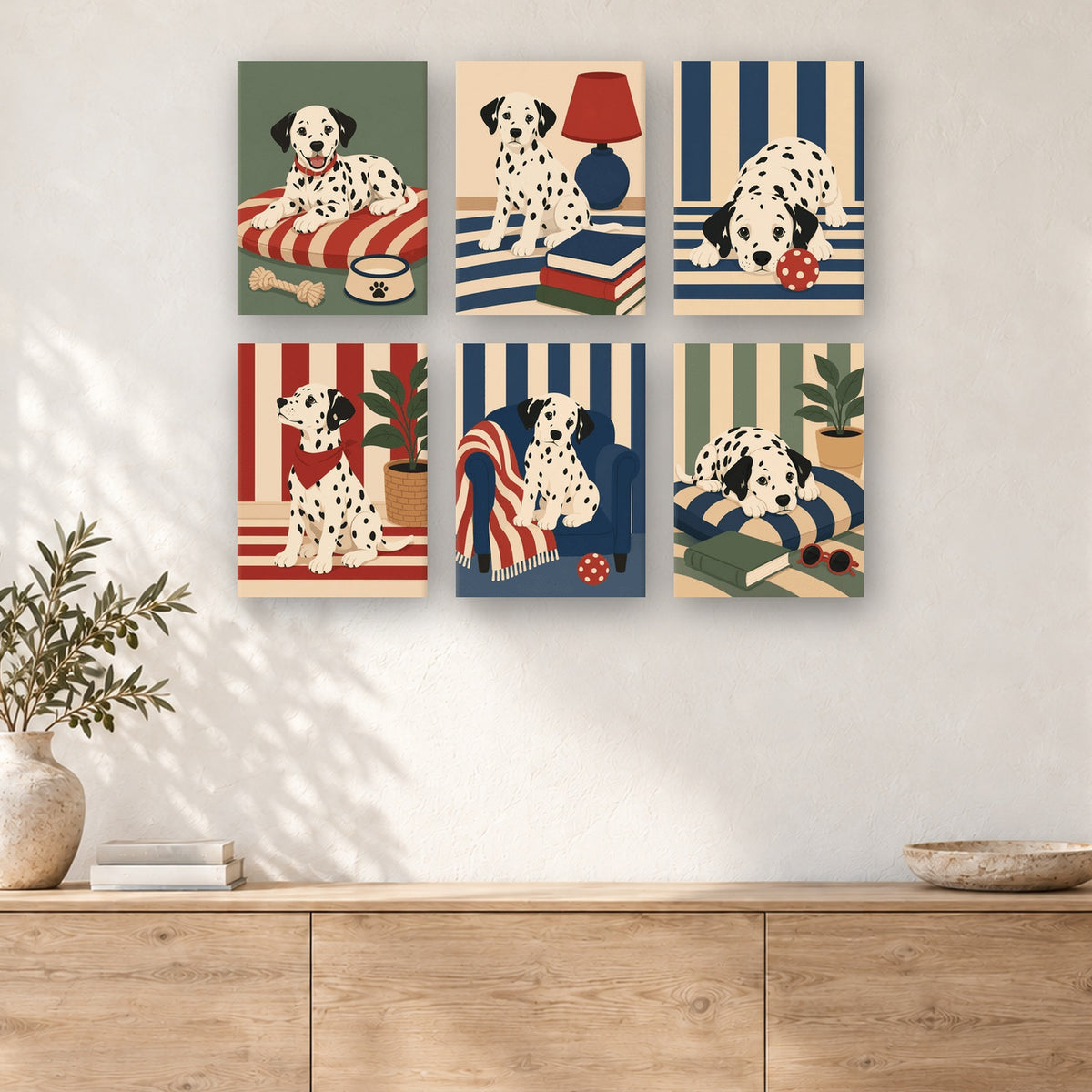 Coffret de 6 peintures par numéro Dalmatien à la Maison, mini-toiles présentées au mur, Maison Artsen
