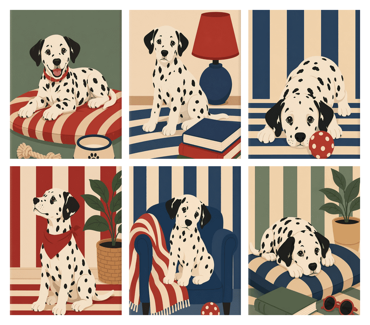 Coffret de 6 peintures par numéro Dalmatien à la Maison, les mini-toiles à plat, Maison Artsen