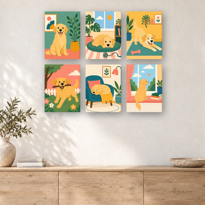 Coffret de 6 peintures par numéro Journées du Chiot Doré, mini-toiles présentées au mur, Maison Artsen