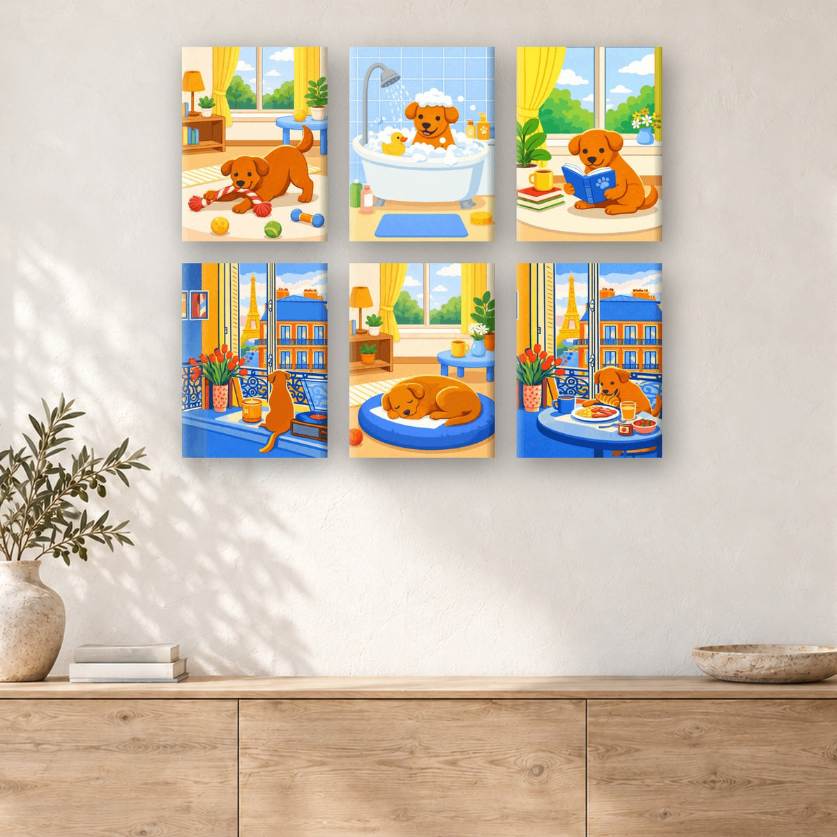 Coffret de 6 peintures par numéro Chiot à Paris, mini-toiles présentées au mur, Maison Artsen