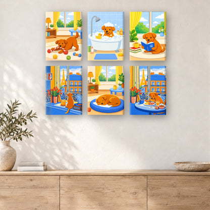 Coffret de 6 peintures par numéro Chiot à Paris, mini-toiles présentées au mur, Maison Artsen