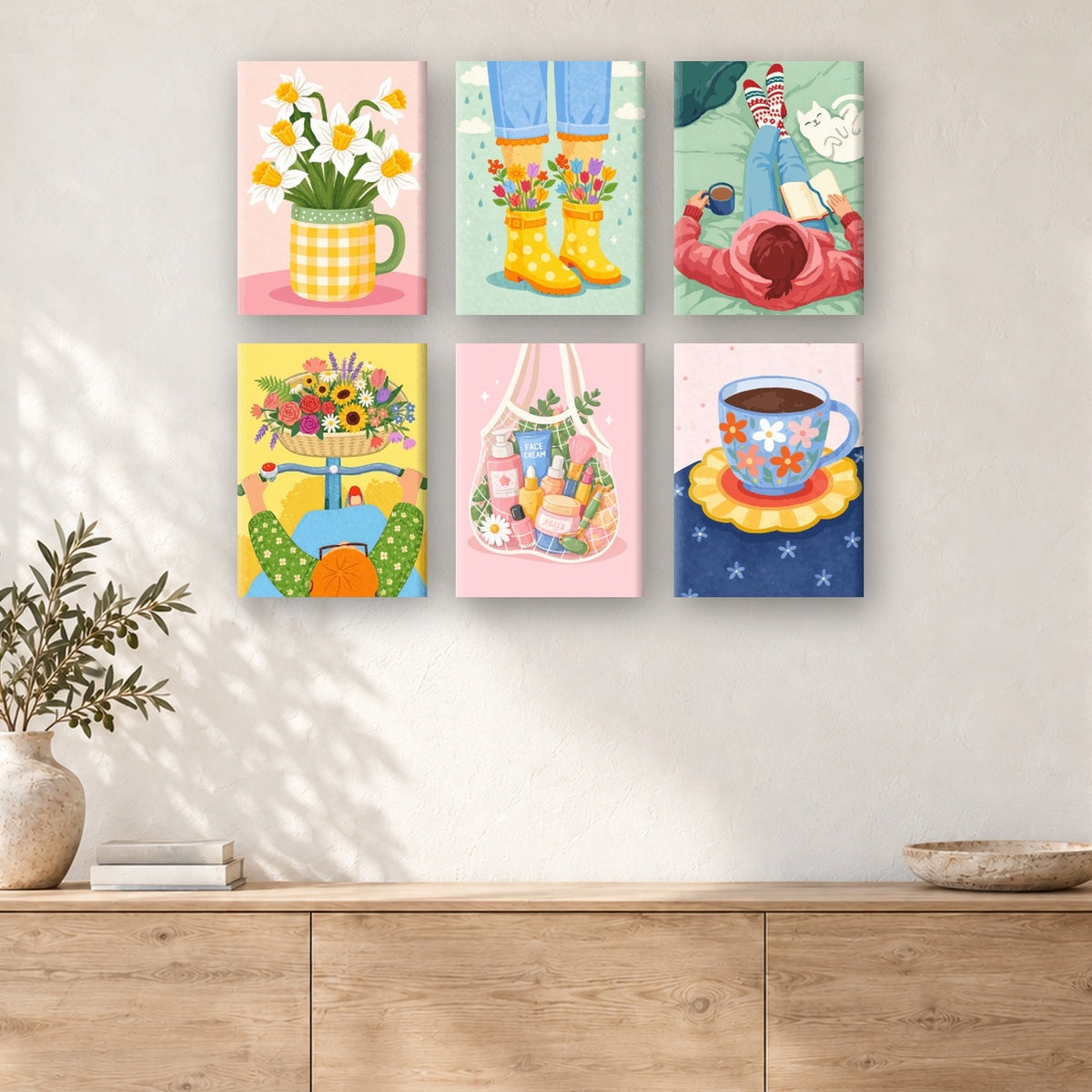 Coffret de 6 peintures par numéro Petits Bonheurs de Printemps, mini-toiles présentées au mur, Maison Artsen