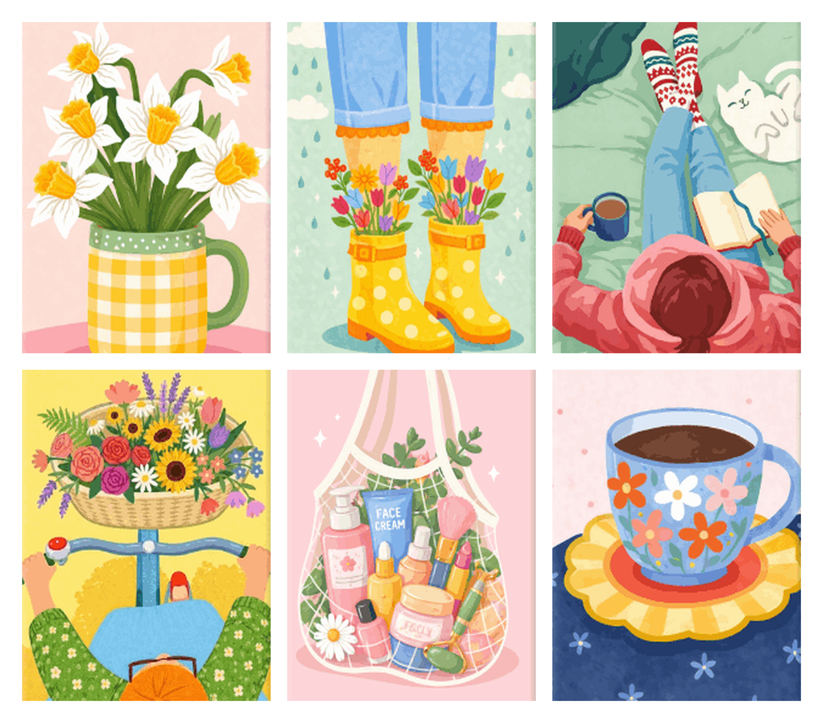 Coffret de 6 peintures par numéro Petits Bonheurs de Printemps, les mini-toiles à plat, Maison Artsen
