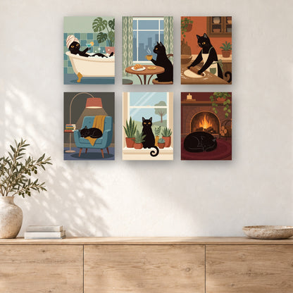 Coffret de 6 peintures par numéro Vie de Chat Noir, mini-toiles présentées au mur, Maison Artsen