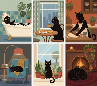 Coffret de 6 peintures par numéro Vie de Chat Noir, les mini-toiles à plat, Maison Artsen