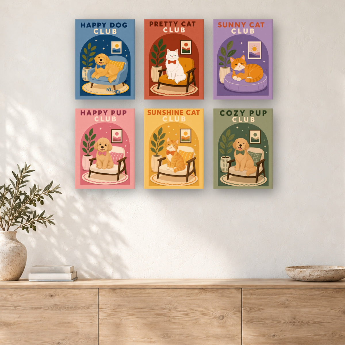 Coffret de 6 peintures par numéro Le Club des Fauteuils, mini-toiles présentées au mur, Maison Artsen