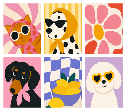 Coffret de 6 peintures par numéro Animaux Rétro Pop, les mini-toiles à plat, Maison Artsen