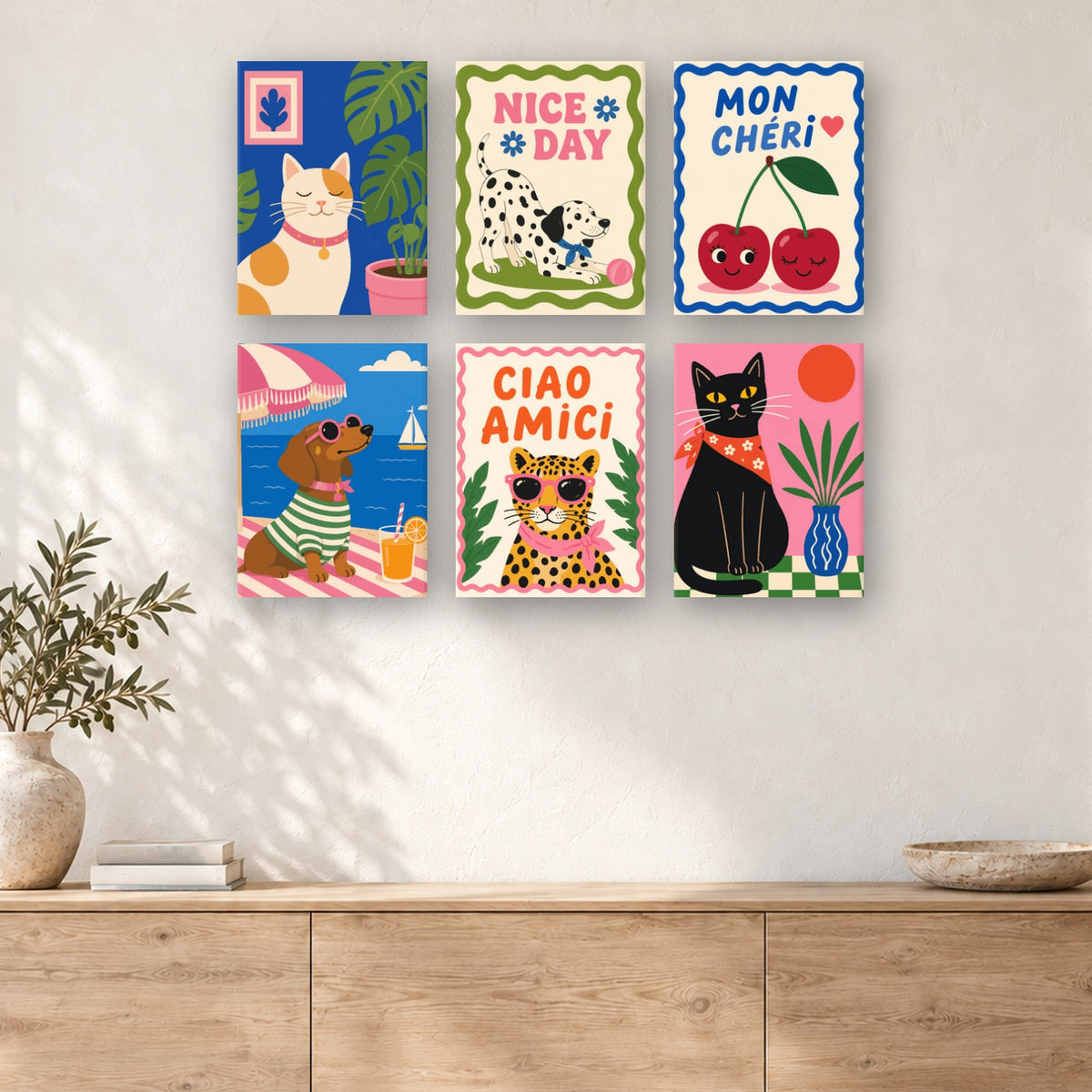 Coffret de 6 peintures par numéro Bonjour Mon Chéri, mini-toiles présentées au mur, Maison Artsen