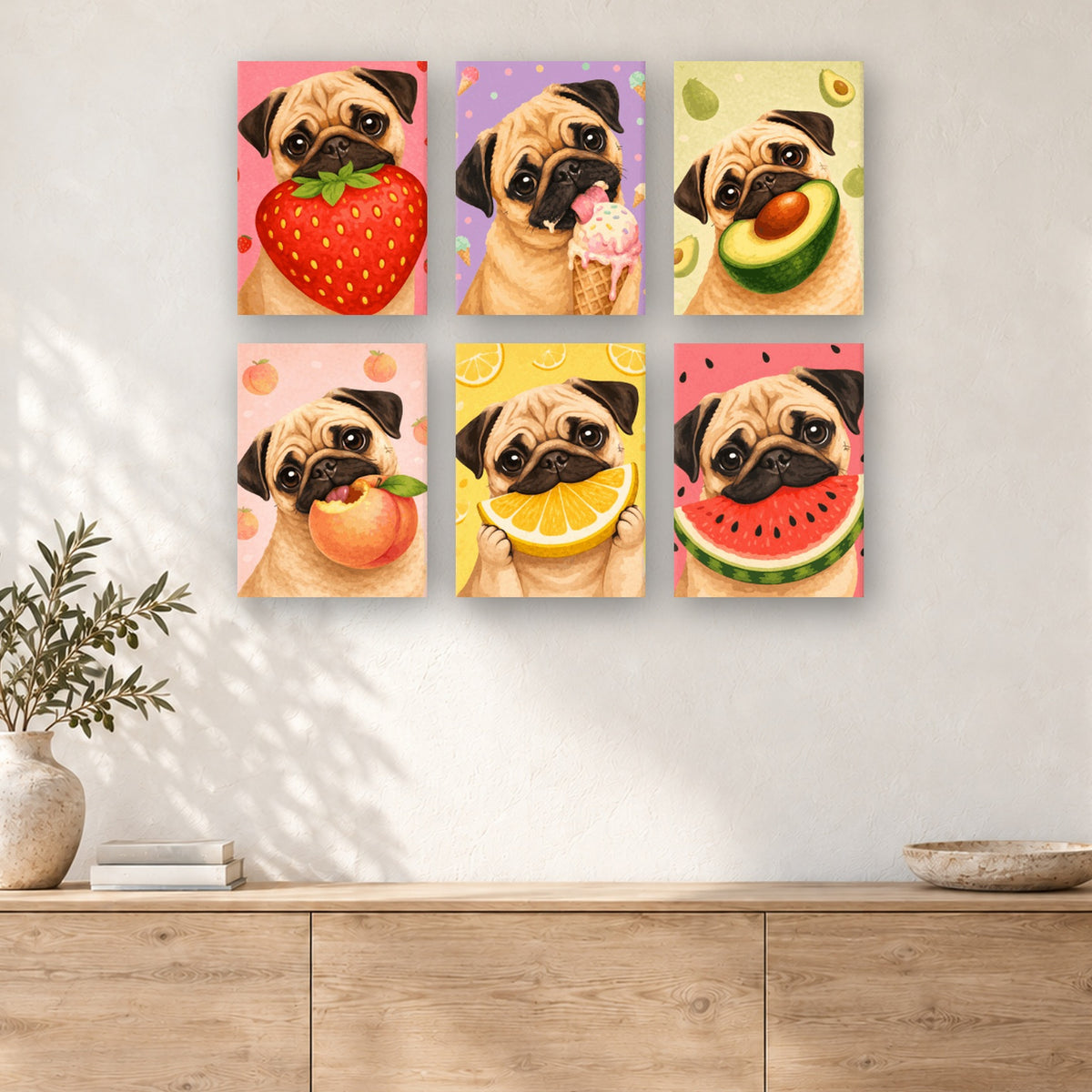 Coffret de 6 peintures par numéro Carlins Gourmands, mini-toiles présentées au mur, Maison Artsen