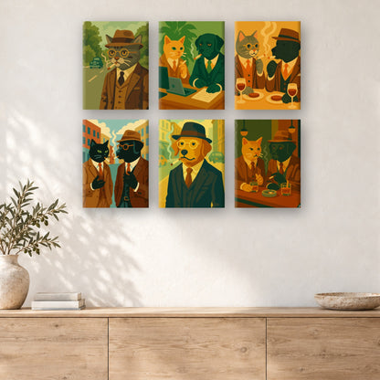 Coffret de 6 peintures par numéro Chats et Chiens Détectives, mini-toiles présentées au mur, Maison Artsen