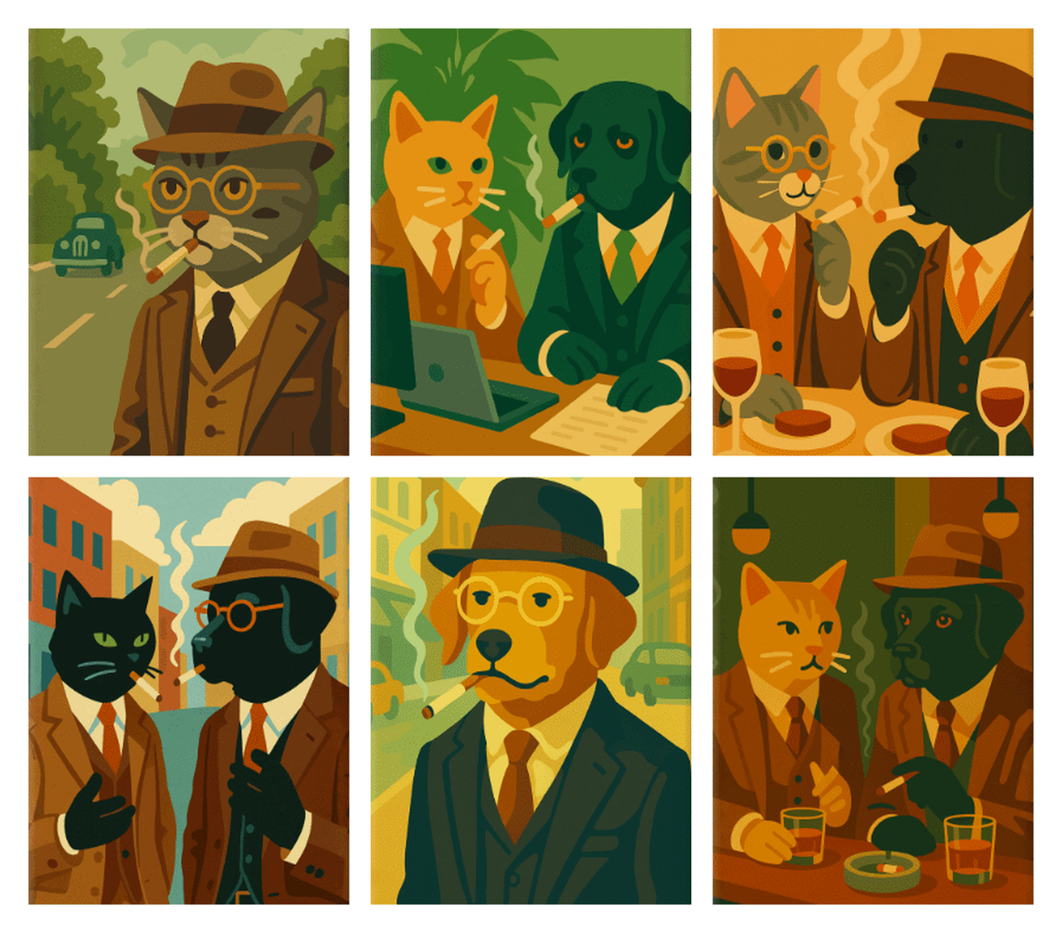 Coffret de 6 peintures par numéro Chats et Chiens Détectives, les mini-toiles à plat, Maison Artsen