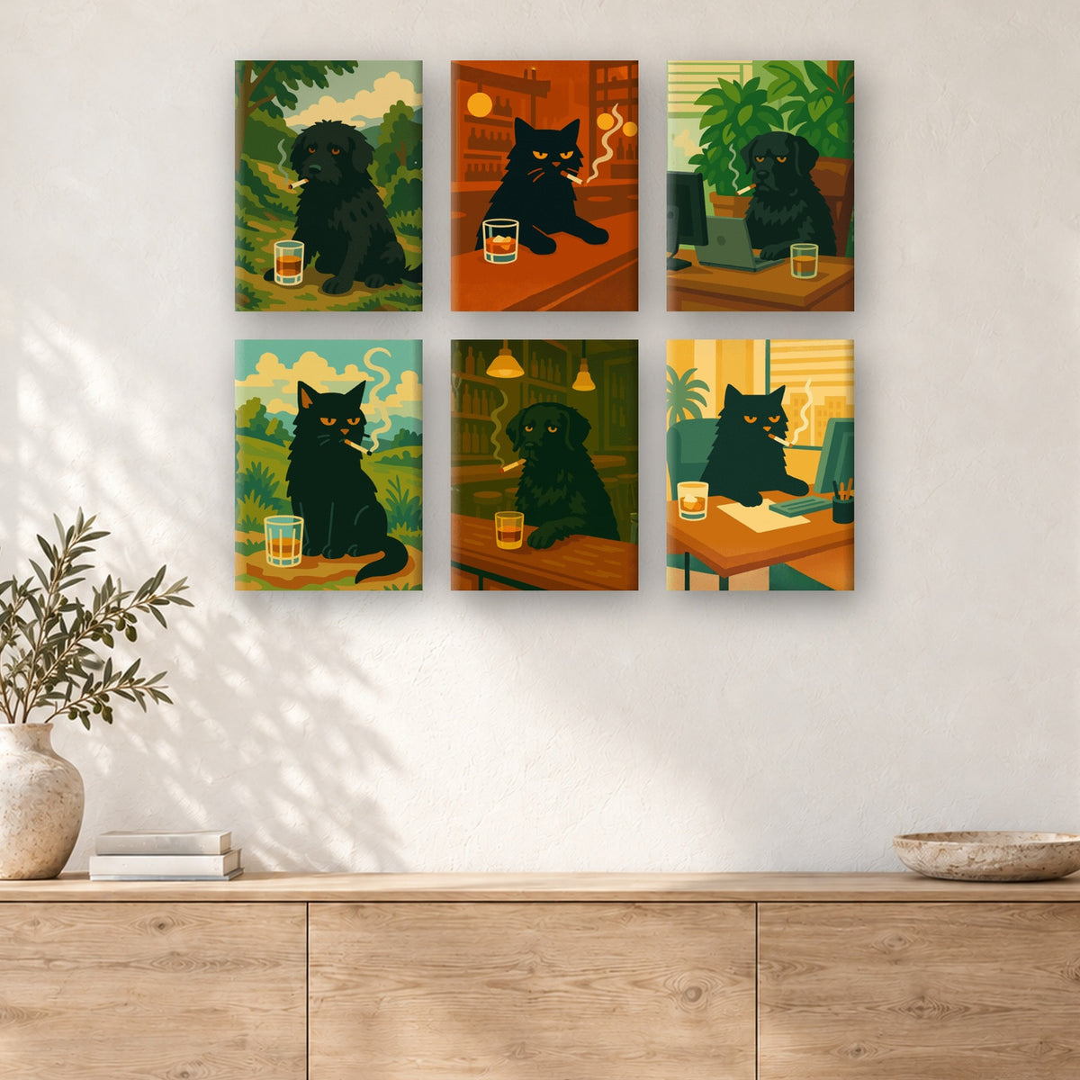 Coffret de 6 peintures par numéro Chat et Chien Ronchons, mini-toiles présentées au mur, Maison Artsen
