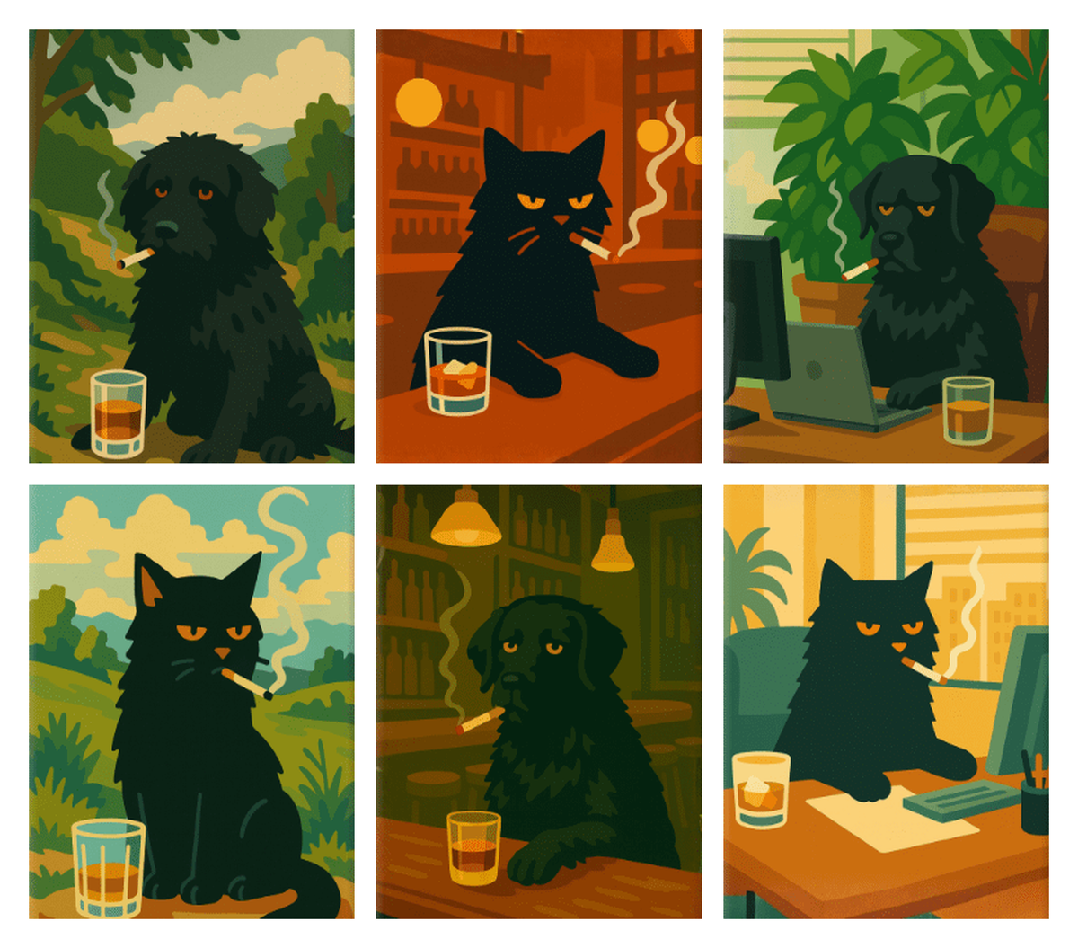 Coffret de 6 peintures par numéro Chat et Chien Ronchons, les mini-toiles à plat, Maison Artsen