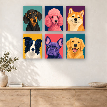 Coffret de 6 peintures par numéro Portraits de Chiens en Couleurs, mini-toiles présentées au mur, Maison Artsen