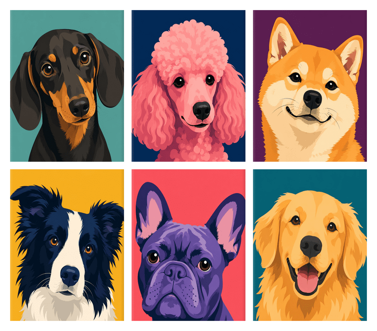 Coffret de 6 peintures par numéro Portraits de Chiens en Couleurs, les mini-toiles à plat, Maison Artsen