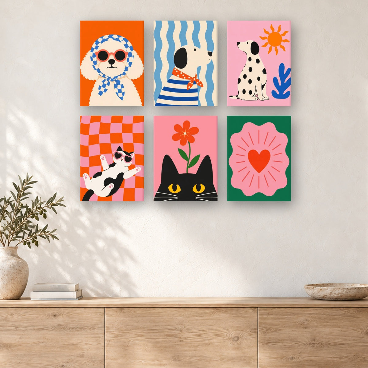 Coffret de 6 peintures par numéro Animaux en Damier, mini-toiles présentées au mur, Maison Artsen