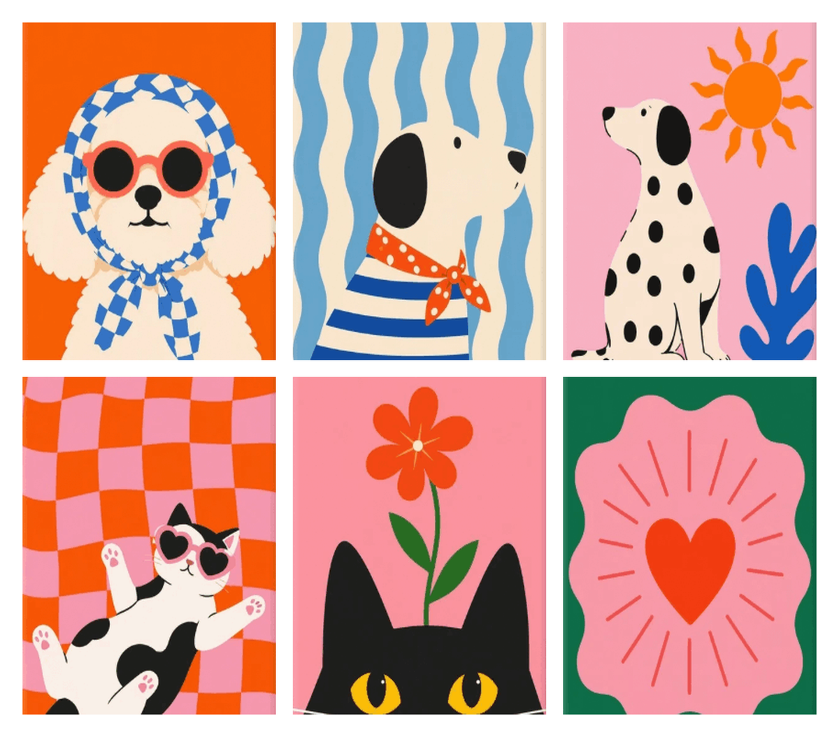 Coffret de 6 peintures par numéro Animaux en Damier, les mini-toiles à plat, Maison Artsen