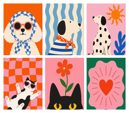 Coffret de 6 peintures par numéro Animaux en Damier, les mini-toiles à plat, Maison Artsen