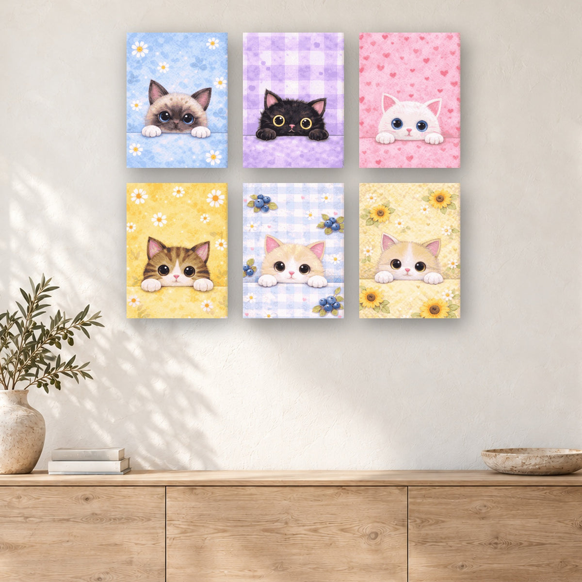 Coffret de 6 peintures par numéro Chatons aux Aguets, mini-toiles présentées au mur, Maison Artsen