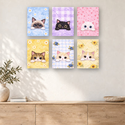 Coffret de 6 peintures par numéro Chatons aux Aguets, mini-toiles présentées au mur, Maison Artsen