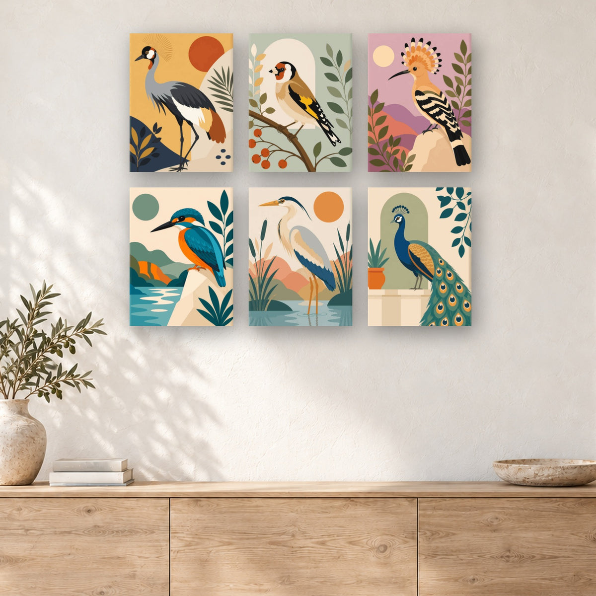 Coffret de 6 peintures par numéro Volière Élégante, mini-toiles présentées au mur, Maison Artsen