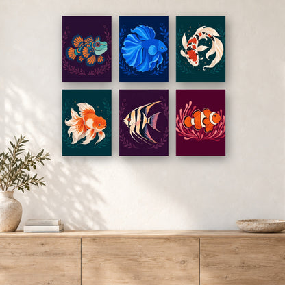 Coffret de 6 peintures par numéro Poissons Bijoux, mini-toiles présentées au mur, Maison Artsen