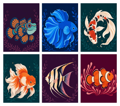 Coffret de 6 peintures par numéro Poissons Bijoux, les mini-toiles à plat, Maison Artsen
