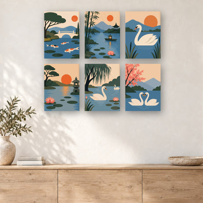 Coffret de 6 peintures par numéro Jardin Zen au Bord du Lac, mini-toiles présentées au mur, Maison Artsen