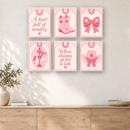 Coffret de 6 peintures par numéro Rêves de Cowgirl en Rose, mini-toiles présentées au mur, Maison Artsen