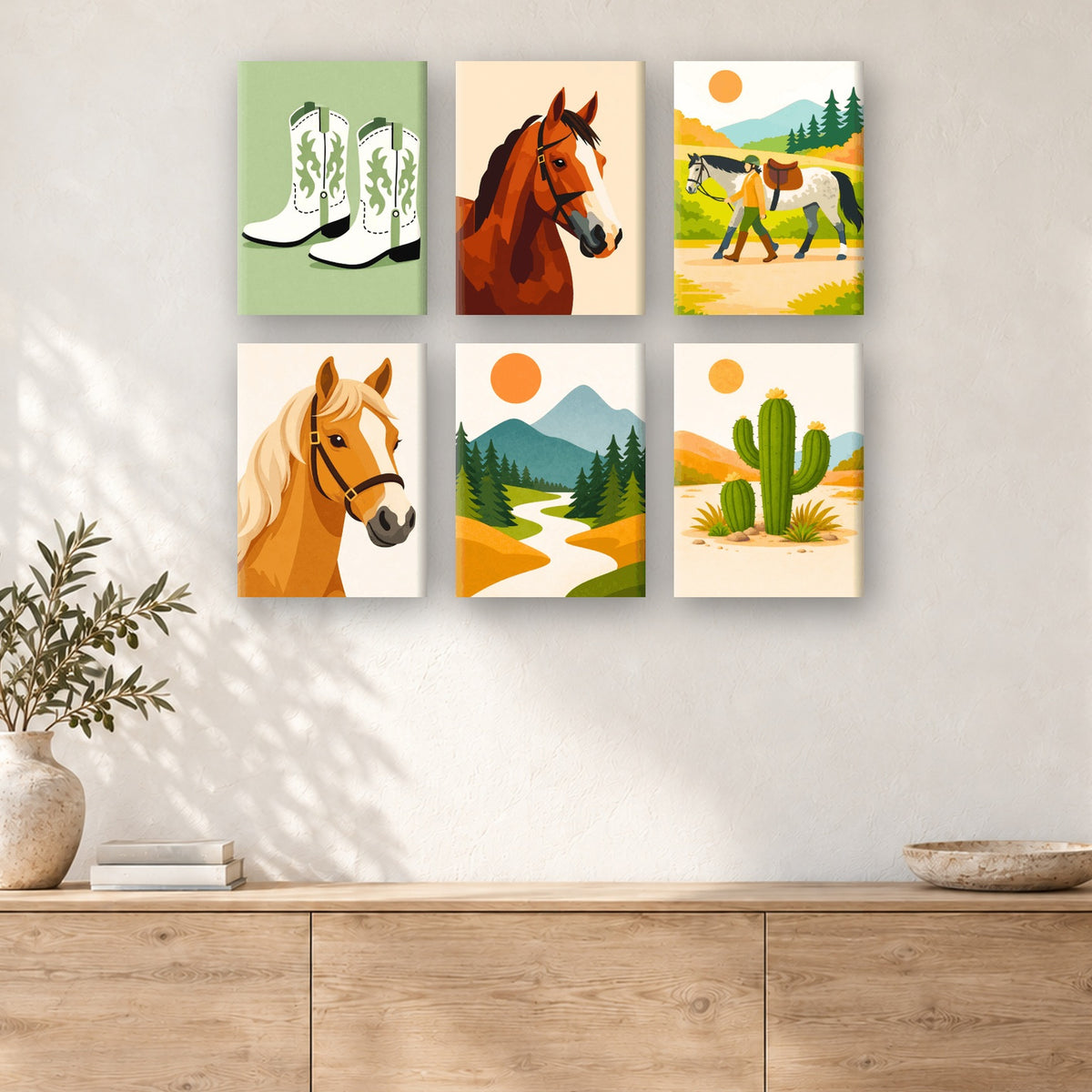 Coffret de 6 peintures par numéro Vie au Ranch, mini-toiles présentées au mur, Maison Artsen