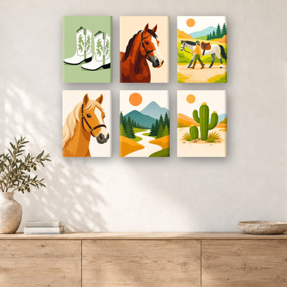 Coffret de 6 peintures par numéro Vie au Ranch, mini-toiles présentées au mur, Maison Artsen
