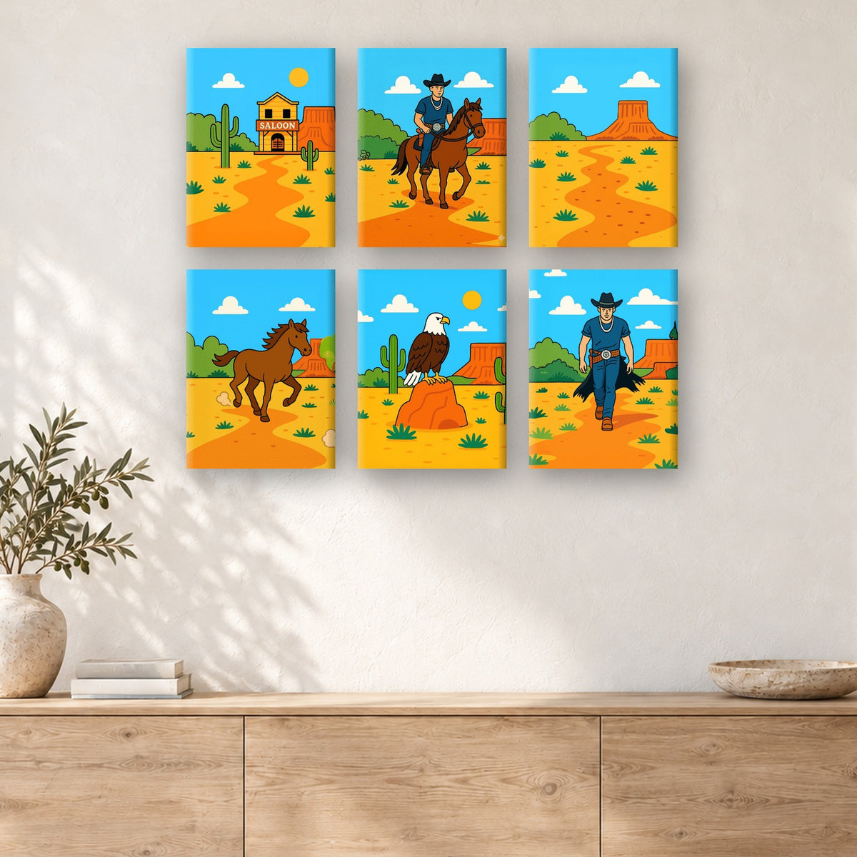 Coffret de 6 peintures par numéro Piste du Far West, mini-toiles présentées au mur, Maison Artsen