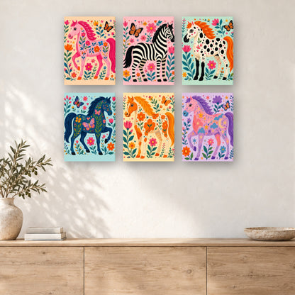 Coffret de 6 peintures par numéro Chevaux Fleuris, mini-toiles présentées au mur, Maison Artsen