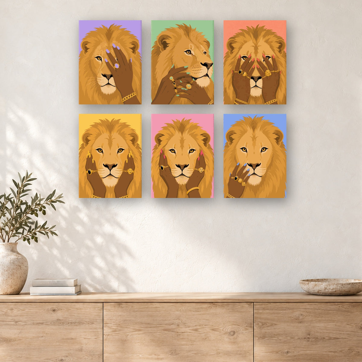 Coffret de 6 peintures par numéro Lions Manucurés, mini-toiles présentées au mur, Maison Artsen