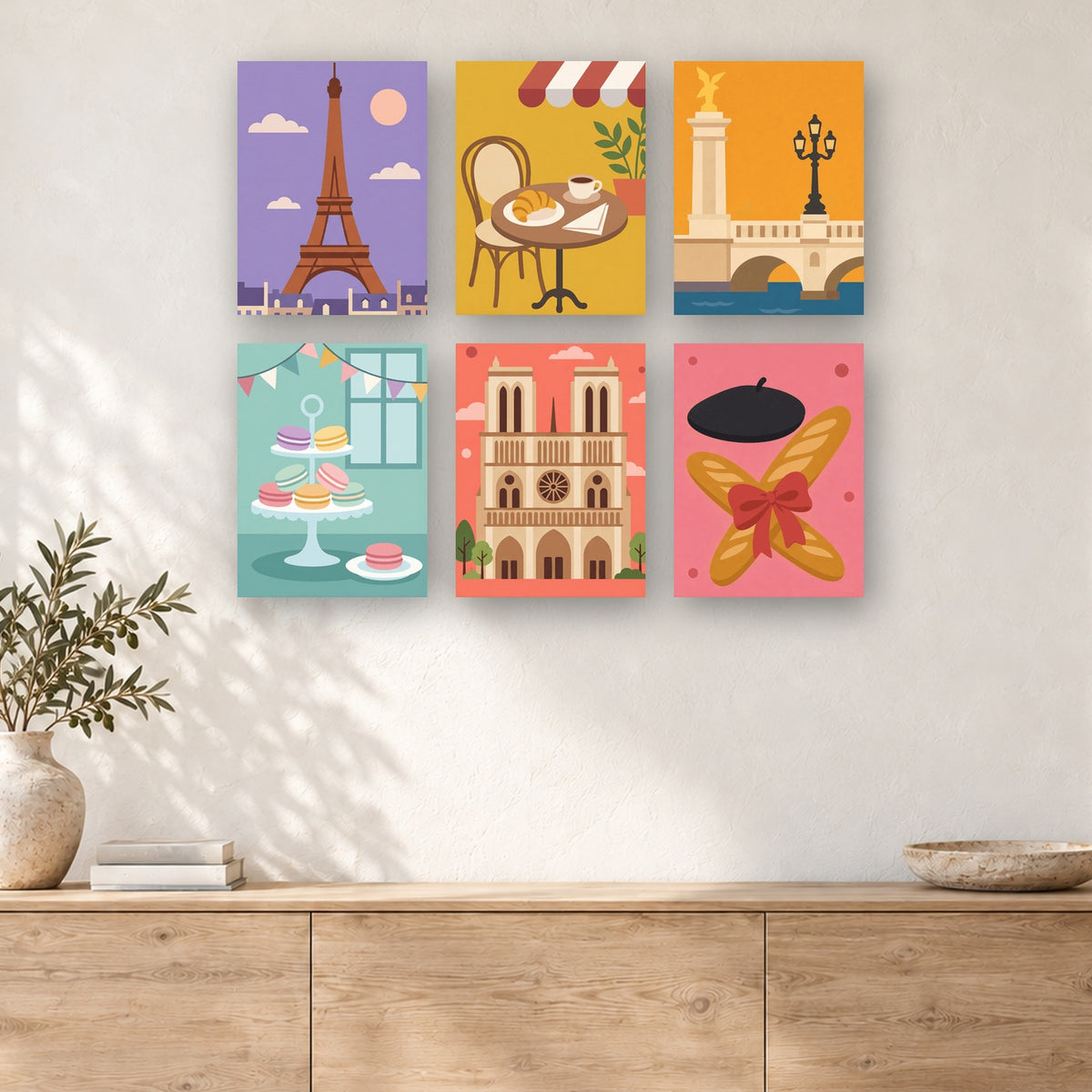 Coffret de 6 peintures par numéro Petits Trésors de Paris, mini-toiles présentées au mur, Maison Artsen