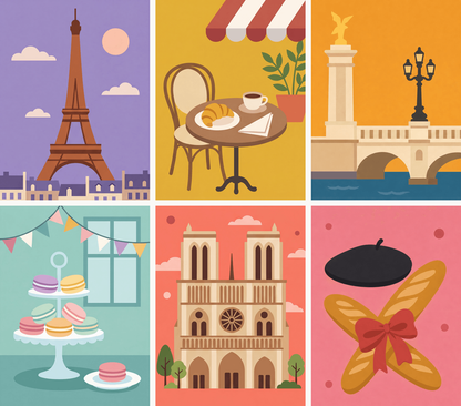 Coffret de 6 peintures par numéro Petits Trésors de Paris, les mini-toiles à plat, Maison Artsen