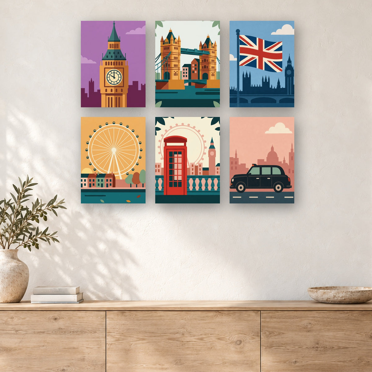 Coffret de 6 peintures par numéro Cartes Postales de Londres, mini-toiles présentées au mur, Maison Artsen