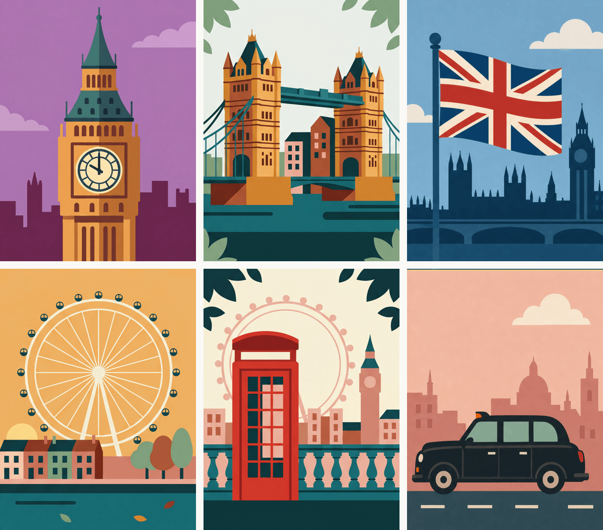 Coffret de 6 peintures par numéro Cartes Postales de Londres, les mini-toiles à plat, Maison Artsen