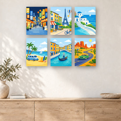 Coffret de 6 peintures par numéro Envies d'Ailleurs, mini-toiles présentées au mur, Maison Artsen