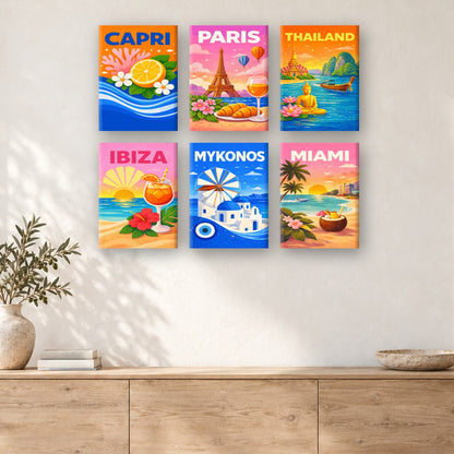 Coffret de 6 peintures par numéro Affiches d'Évasion, mini-toiles présentées au mur, Maison Artsen