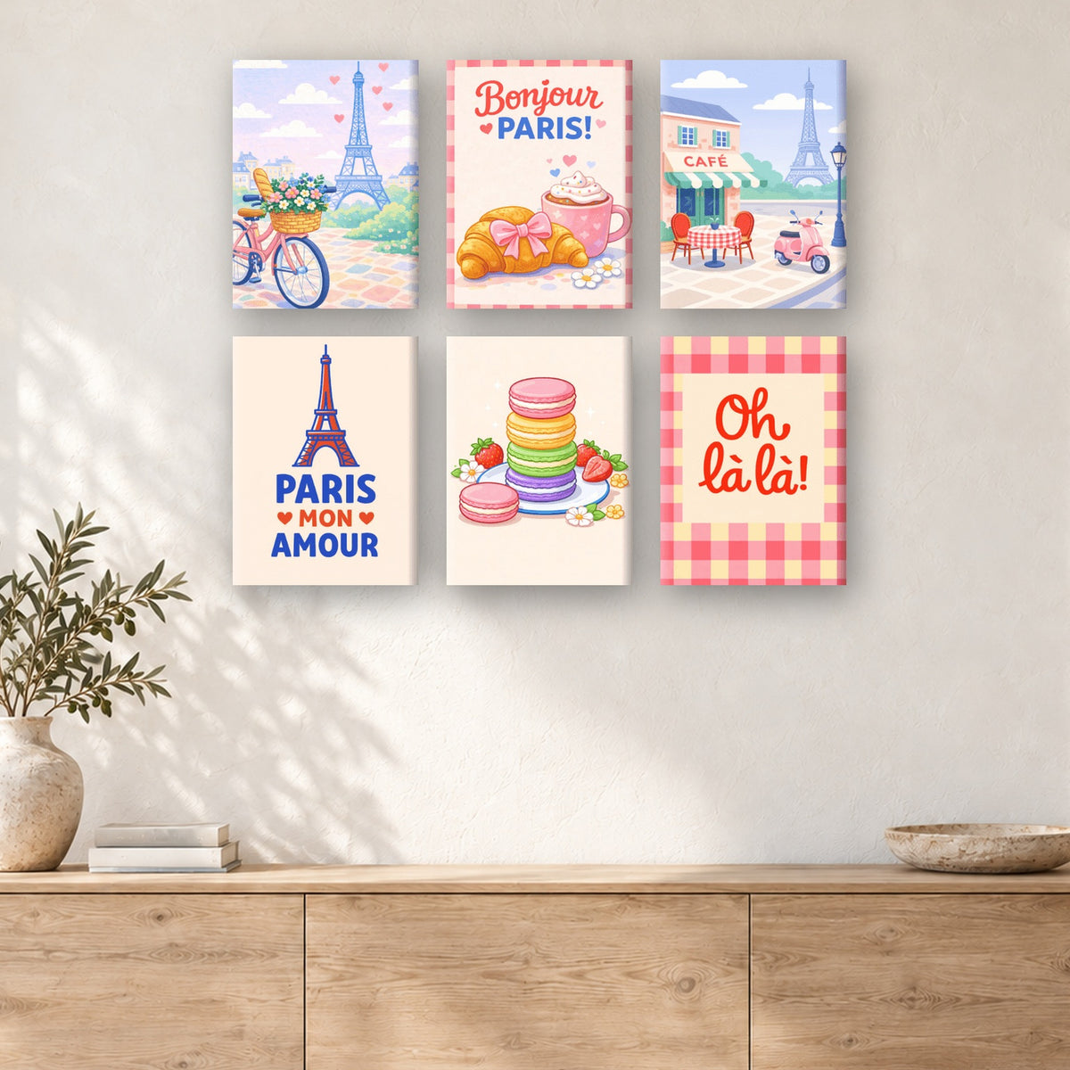 Coffret de 6 peintures par numéro Douceurs de Paris, mini-toiles présentées au mur, Maison Artsen