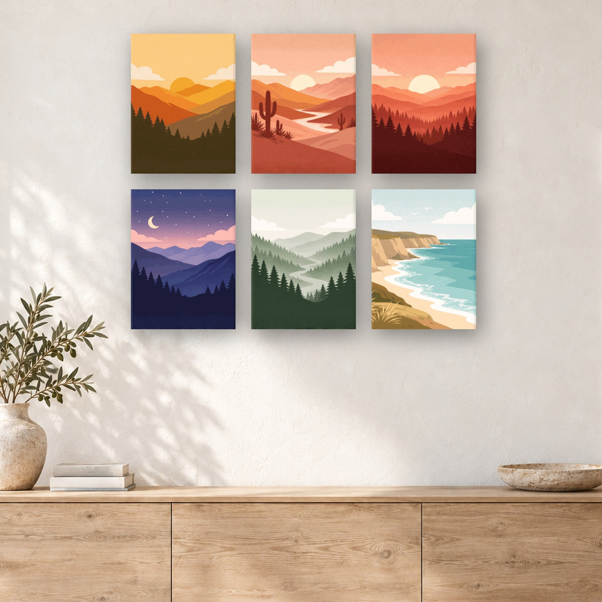 Coffret de 6 peintures par numéro Paysages en Six Ambiances, mini-toiles présentées au mur, Maison Artsen