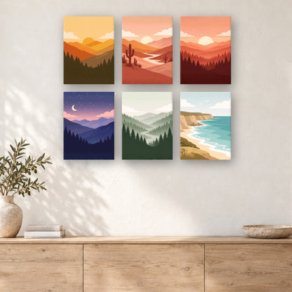 Coffret de 6 peintures par numéro Paysages en Six Ambiances, mini-toiles présentées au mur, Maison Artsen