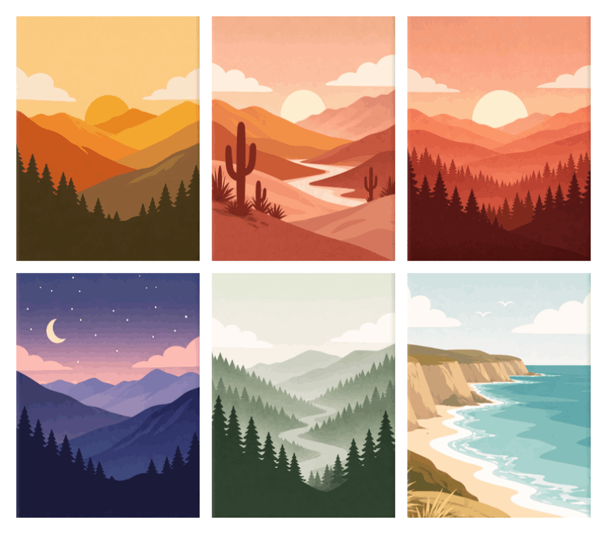 Coffret de 6 peintures par numéro Paysages en Six Ambiances, les mini-toiles à plat, Maison Artsen