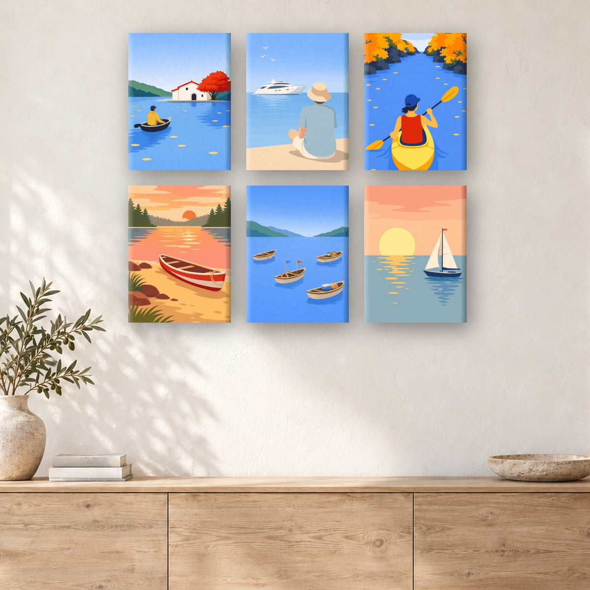 Coffret de 6 peintures par numéro Balades au Fil de l'Eau, mini-toiles présentées au mur, Maison Artsen