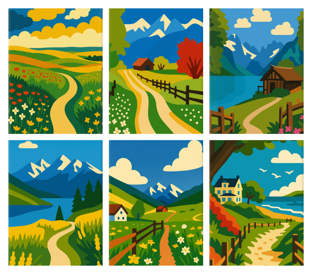 Coffret de 6 peintures par numéro Chemins de Campagne, les mini-toiles à plat, Maison Artsen