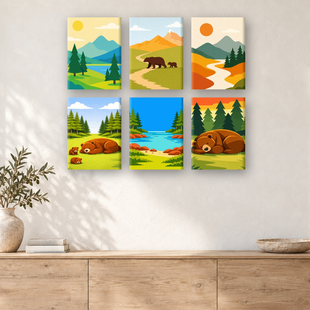 Coffret de 6 peintures par numéro Au Pays des Ours, mini-toiles présentées au mur, Maison Artsen