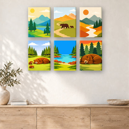 Coffret de 6 peintures par numéro Au Pays des Ours, mini-toiles présentées au mur, Maison Artsen